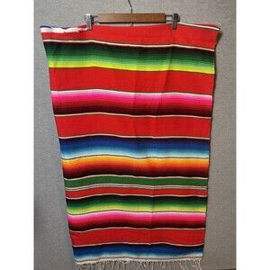 Vibrant Striped Mexican Serape Style Blanket Throw Fringed Multi-Color Decor